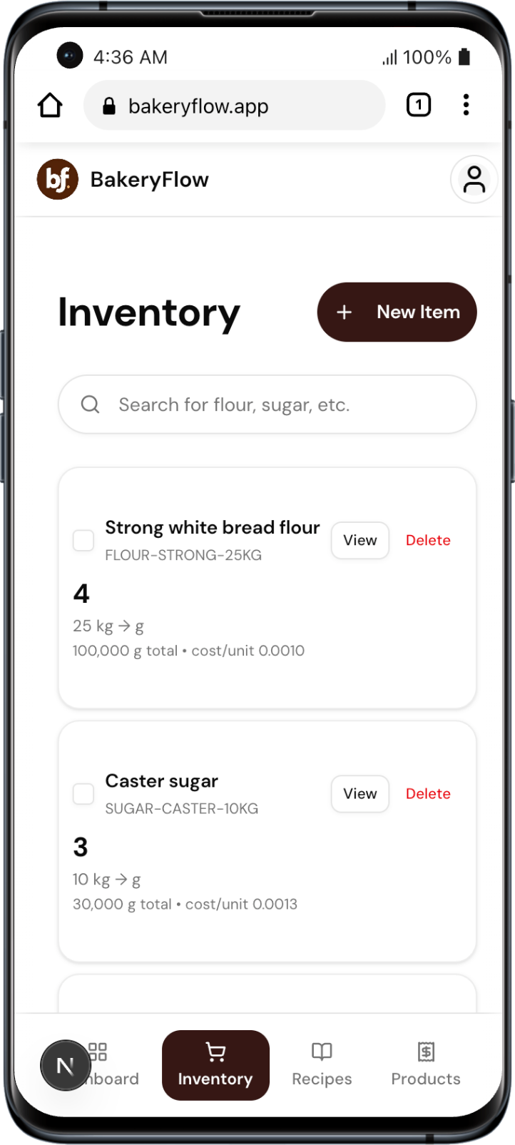 Inventory cards on mobile showing ingredient details