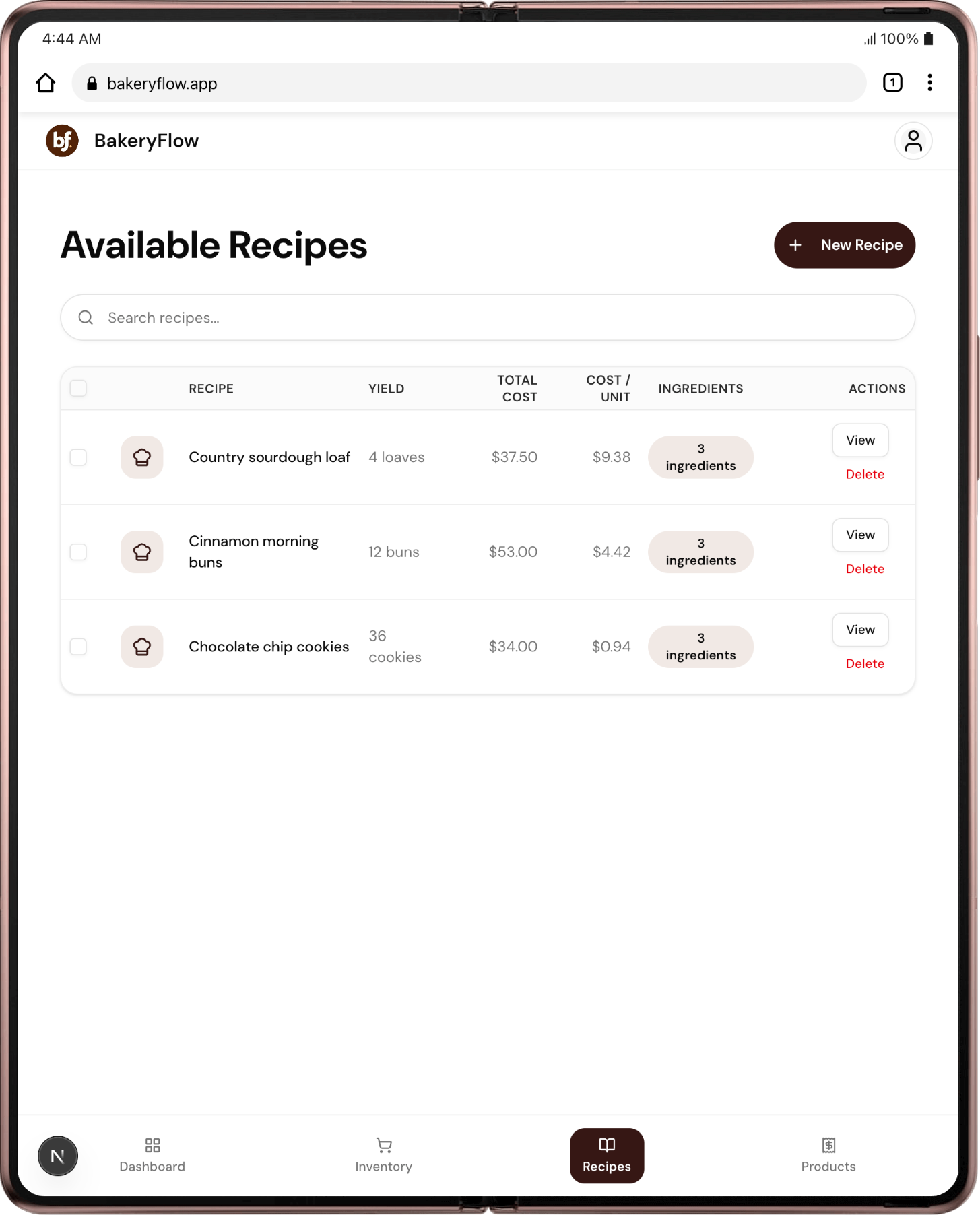 Recipe costing view showing batch totals and cost per unit